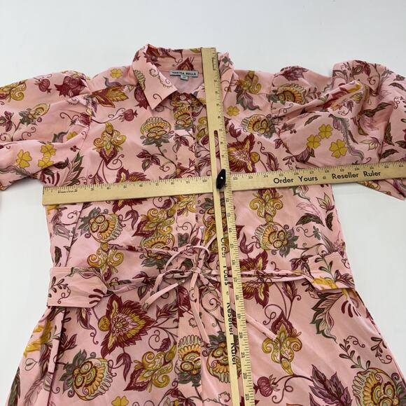 Yakira Bella Dress Womens XS Pink Allie Floral Belted Ruffle Hem Puff Sleeve - Picture 6 of 7